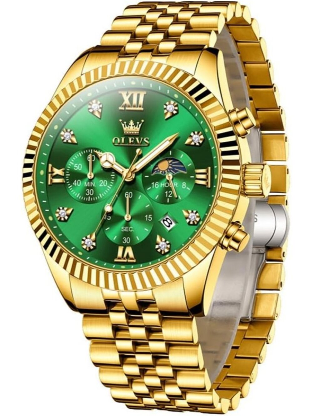 OLEVS Men's Gold Green Luxury Gold Stainless Steel Big Face Waterproof Watch